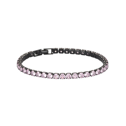 Product photo of tennis bracelet with black hardware and pink diamante stones